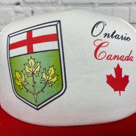Vintage Hat Cap Snapback Red White Ontario Canada Trucker Mesh Shield Taiwan - Picture 5 of 11